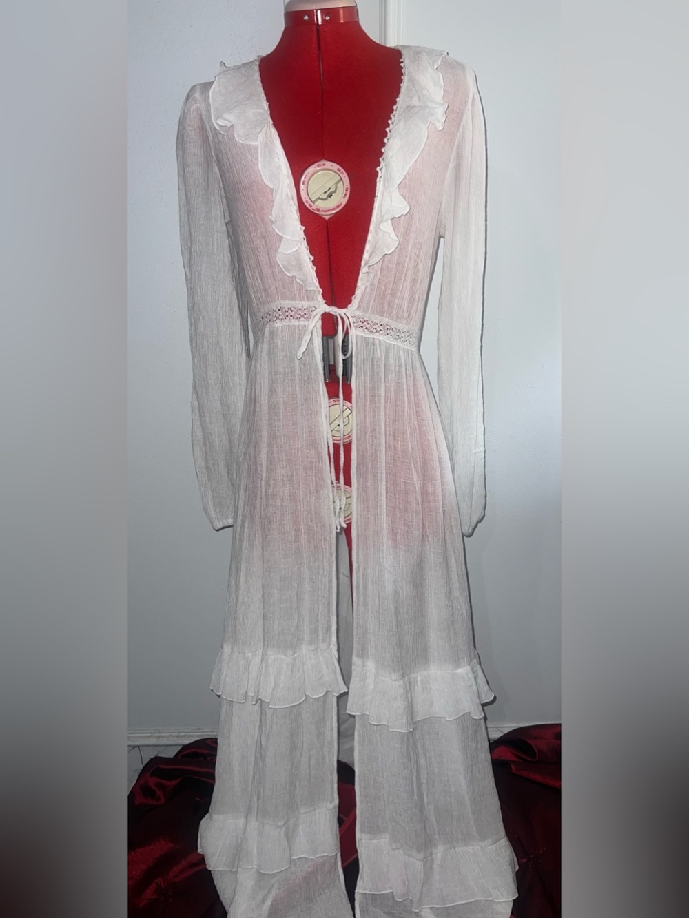 Forever 21 Sheer Gauze White Ruffle Trim Long Robe duster overlay dress sz Med
